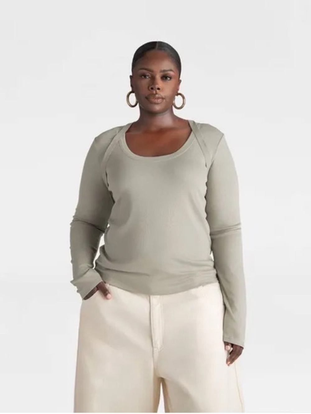 KBB by Kahlana Women's The Long Sleeve Harness Ribbed Top, L- Sage Green NWT